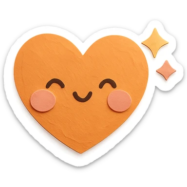 kawaii orange heart, blushing, tiny sparkles, soft pastel palette, no arms or legs, full body, paper craft style sticker