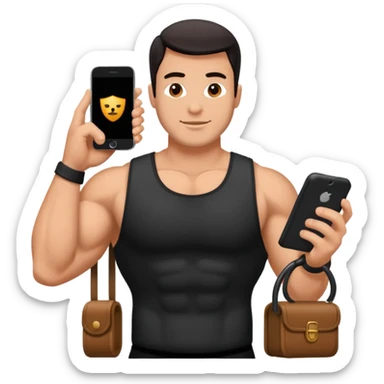 Mec musclé avec un téléphone dans les mains qui navigue sur so téléphone sticker