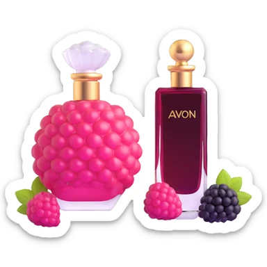 AVON women's perfume bottle next to a raspberry-shaped bottle sticker