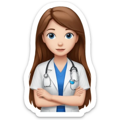 inside a classroom at university that says nursing school on the board with a pretty female nursing student with long brown hair, blue eyes sticker