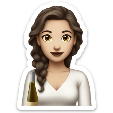 rich girl with white skin, long brown hair, dark eyes, with makeup, with wine sticker