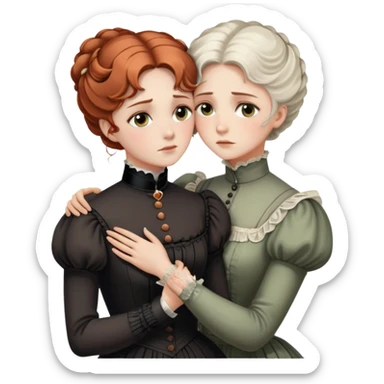 Two Victorian women with light eyes in a sad intimate hug, one with white coiffed hair and one with copper coiffed hair, wearing Victorian high-neck dresses, embracing tightly sticker