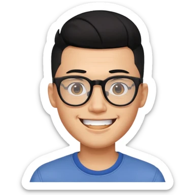 Asian guy with black hair undercut, shaved sides, square glasses, big smile, trendy and young sticker