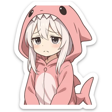 anime style girl, white hair, pink shark onesie, sad and adorable expression sticker