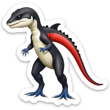 Black and white Orca-reptile-reptilian-lizard-skink-gecko-Digimon-Fakémon-hybrid full body, two legs, two arms, claws, tail, with red stripe sticker