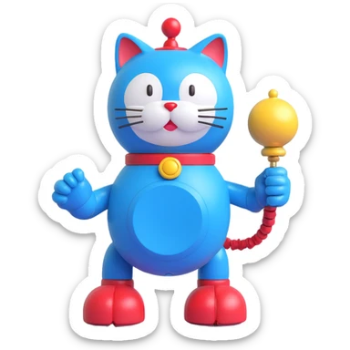 Doraemon, blue robotic cat with red nose and bell sticker