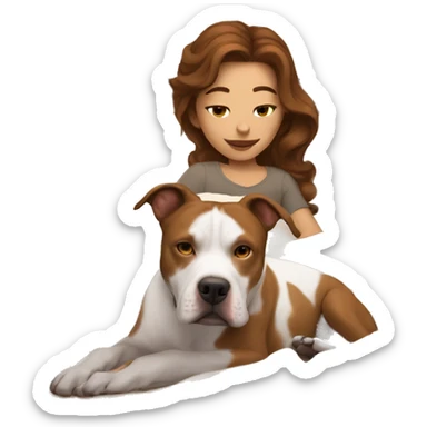 Girl with brown wavy hair laying in bed with her pitbull sticker