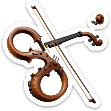 Create a refined and elegant emoji representing a bow crafted by Antonio Stradivari. The design should feature a beautifully detailed bow with intricate woodwork and fine metal fittings, emphasizing its craftsmanship. Include subtle elements like a hint of violin or viola strings to reflect its use. Use classic colors like dark wood brown, gold accents, and silver to convey the luxury and artistry of the bow. The background should be transparent. sticker