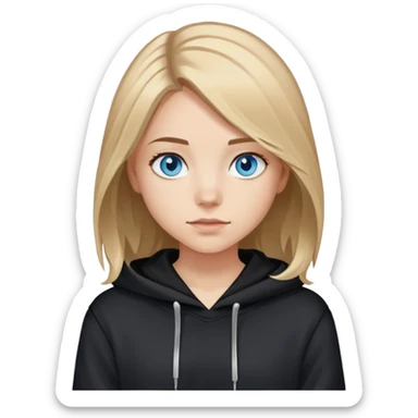 girl with blue eyes, shoulder-length brown hair with light blonde streaks, wearing a black hoodie sticker