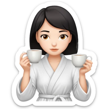 White girl with brown eyes and short black hair drinking a cup of tea in a bathrobe sticker