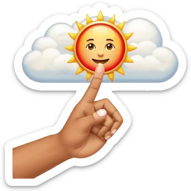 "Create an emoji representation of a hand holding other. One hand with index finger pointing up, surrounded by clouds and sun rays, with a red ring on the ring finger." sticker