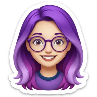 trendy young girl with long purple ombre hair, retro round glasses, influencer, smiling sticker
