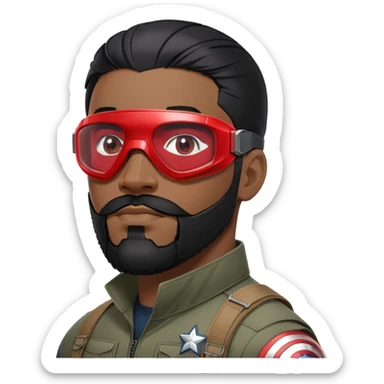 sam wilson with a close to the scalp black hair  and  a well-groomed beard that connects to his mustache,  wear sleek, red-tinted tactical goggles fit snugly from captain america: civil war sticker