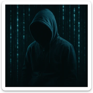 hacker, digital, mysterious, with a hoodie, glowing code, dark background sticker