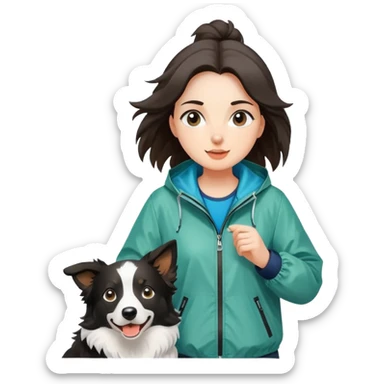 A beautiful girl with fair skin wearing a windbreaker chasing a Border Collie sticker