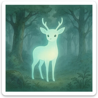 glowing animal-like forest spirit in a misty woodland, ethereal and gentle, ghibli style sticker