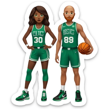 48-year-old dark skin black woman with brown eyes, long dark brown hair dressed in sexy 
celtics jersey costume outfit & stilettos. A bald white man with ginger beard. he has blue eyes, wearing a Jason Tatum Boston Celtics Jersey, matching Nike sneakers  sticker
