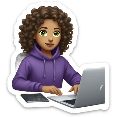 curly, fair-skinned girl with green eyes and dark brown curly long hair, designer, sitting at her laptop, wearing a purple coloured oversize sweatshirt. sticker