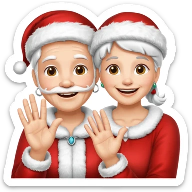 SANTA Y MAMA CLAUSE SONRIENDO CON ORTODONCIA EN DIENTES Y MANO SALUDANDO 5 DEDOS sticker
