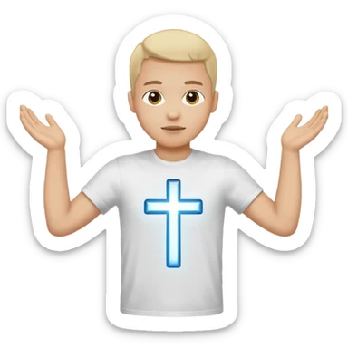 A person with the arms opened and extended forming a cross with their arms and body with t-shirt sticker