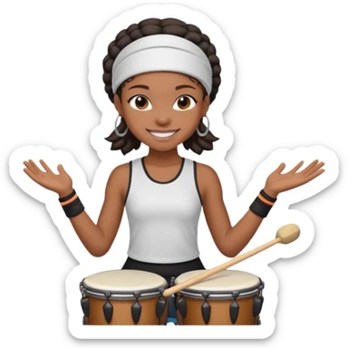 A black girl drummer with a sporty headband and clothes, tapping her drum rhythmically with a grin. sticker