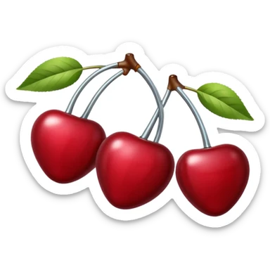 A pair of cherries emoji made of polished silver chrome, smooth rounded shapes, glossy metallic finish, soft highlights and reflections, cute proportions, iOS emoji style, centered, clean white background, no text sticker
