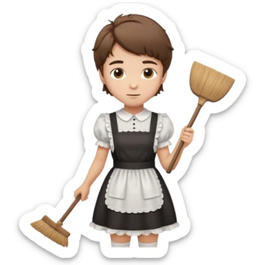 Guy with short shaggy brown hair wearing a cute maid dress, sweeping sticker
