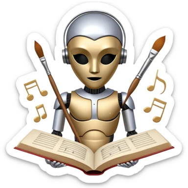 A metallic humanoid figure whose torso is a circle divided into 4 clear segments, each segment containing a distinct icon: paintbrush (visual arts), music note (musical arts), theater masks (theatrical arts), and an open book (literary arts) sticker