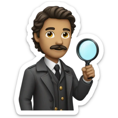 detective using a magnifying glass, black high neck, long hair, Guy, with a light mustache, and wearing a long coat, and racism should be light brown skin sticker