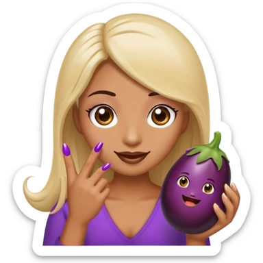 Emoji with long eyelashes and long fingernails holding an eggplant  sticker