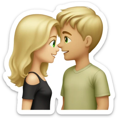 boy and girl with dirty-blond hair and light green eyes. Boy is wearing light khaki t shirt. He has a short mustache and fresh haircut. Girl is wearing off shoulders black top. They are looking at each other lovingly. Boy is taller than girl. sticker