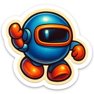 Render this spherical robot in retro stickers style, with bold outlines and vibrant colors, emphasizing a playful and nostalgic look typical of retro stickers. sticker