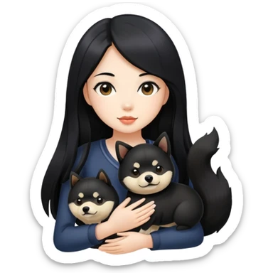 A beautiful girl with long black hair holding a black Shiba Inu sticker