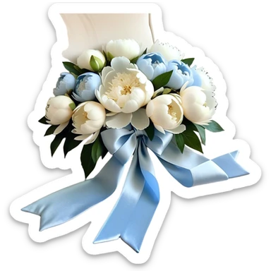 A cascading arrangement of white and pale blue peonies spills over a plush beige velvet fabric, their petals contrasting beautifully with the gentle richness of the background. A translucent, pearl-toned ribbon winds through the blooms, forming a loosely tied bow with delicate, flowing tails. The velvet absorbs the light, casting soft shadows that highlight the peonies’ intricate layers, making them appear even more voluminous and luxurious. sticker