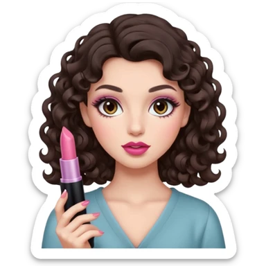 A dark brown hair little curl hair like 6 mm. roll looks so beautiful, she has an round and almond eyes with long and curl eyelashes in Douyin style, one of her hand carrying a lipstick looks similar to Rhode pink lip, her make up is cool tone and neutral style   sticker