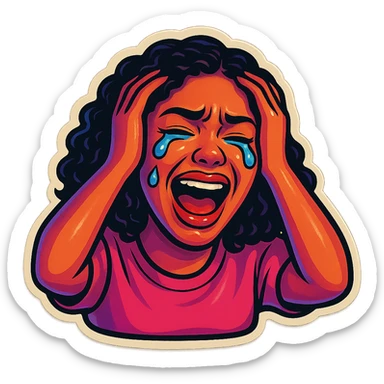  laughing with Tears rolling down face 
Mouth Pout
hands on head 
pink shirt 
head down
 sticker