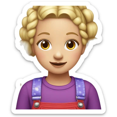 A little blonde girl with pigtails and little purple bows wearing a red long-sleeved shirt and purple overalls with blue tights with green polka dots and purple sneakers. sticker