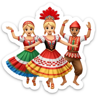 Cinematic Realistic Linđo Dance Emoji, depicted as a traditional Croatian folk dance with lively movements and colorful costumes, rendered with dynamic textures and vibrant festive lighting that captures its cultural vibrancy. sticker