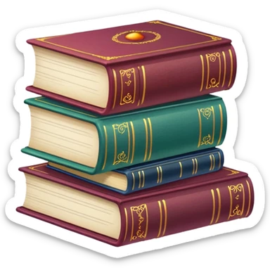 A stack of colorful spellbooks that look like they came out of a fine victorian library sticker