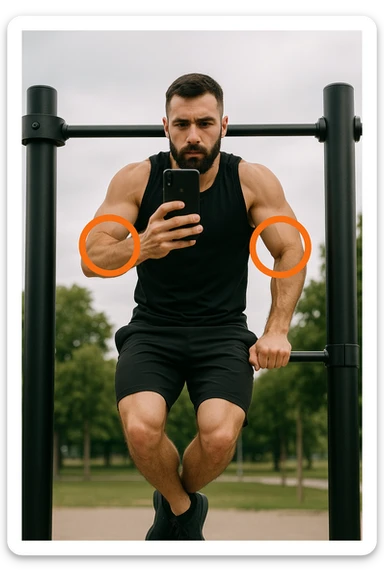 uomo che fa Muscle up e si sta filmando davanti con il telefonino per vedere la sua posizione dei gomiti e delle mani sulla sbarra, fai dei cerchi per indicara i gomiti sticker