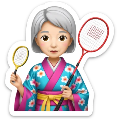 ancient japanese old woman with 1 badminton racket sticker