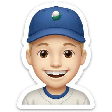 smiling schoolboy with large front teeth and a baseball cap sticker