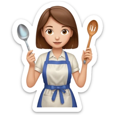 Woman with brown hair with apron and spoon sticker