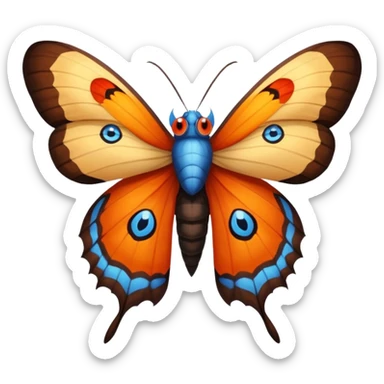 moth with blue eyes mornach butterfly wings orange and yellow with red godzilla eyes on the wings, brown tail, black Moth Insect Arms and legs almost like mothra sticker