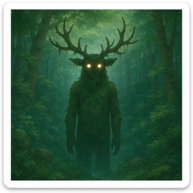 forest spirit with glowing eyes in ghibli style, mystical, ethereal, detailed environment sticker
