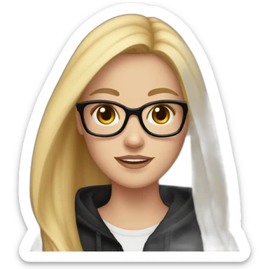 white girl with glasses and long blonde hair and black hoodie and a red doberman sticker