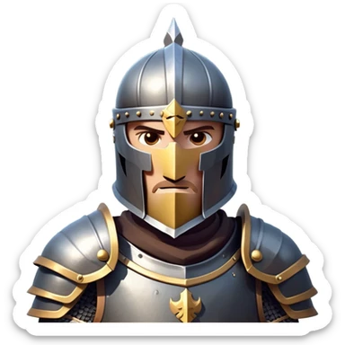 clash-of-clans-aesthetic_-cinematic-fearsome-and-majestic-knight-bust-portrait-emoji, rendered in a flat, vector-style with minimal shading and bold, simplified shapes, depicting a battle-ready medieval knight with steely eyes and intricate armor, mounted riding on a black warhorse reflecting sunlight over a misty battlefield. sticker