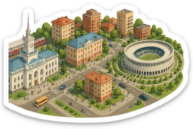 Изометричная миниатюрная фотореалистичная 3D модель панорамы Краснодара - вокзал Краснодар, КубГМУ, парк Краснодар со стадионом, краснодарские дома, автотранспорт четкие линии, яркие цвета, мультяшный реализм, люди, автотранспорт, компактная композиция, вид сверху в изометрии, прозрачный фон sticker