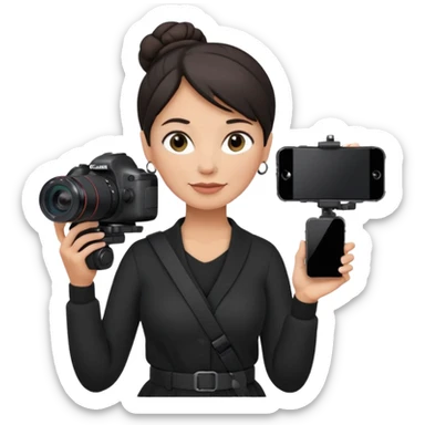 middle aged woman photographer with dark hair in a bun, wearing black clothes, carrying a canon r5 and an iPhone on a gimbal sticker