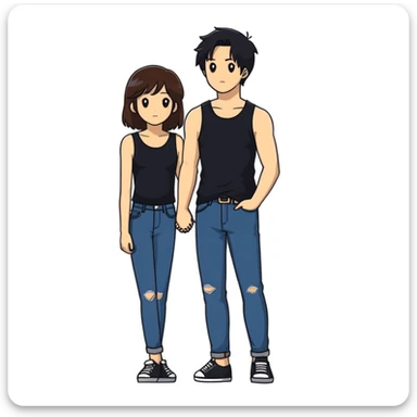 A girl with long brown hair holding the hand of a boy with short black hair, she wearing a black tank top with flared blue jeans, he wearing a black t-shirt with grey jeans, couple in love sticker